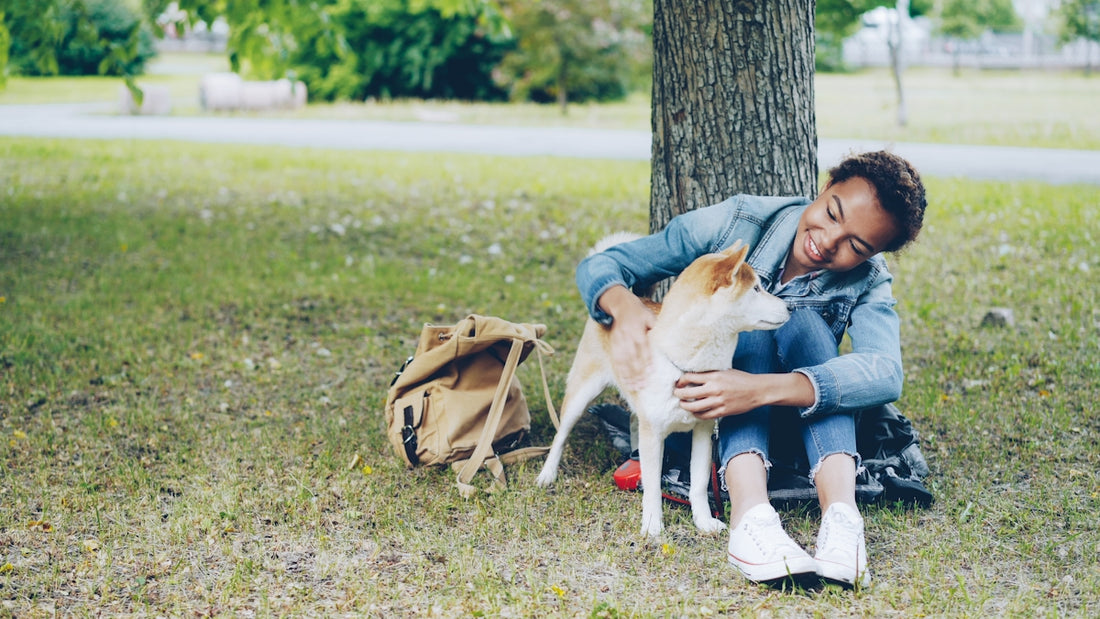 A woman and her dog relaxing under a tree.